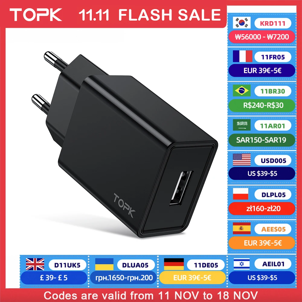 TOPK USB Charger EU Plug USB Phone Charger 5V/2A Travel Wall Charging Adapter for Samsung Huawei Xiaomi CellPhones Adapter