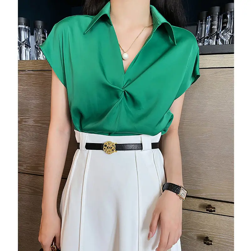 Temperament Pleated Shirt Tops Summer New Polo Neck Short Sleeve Loose Solid Color Youth Blouse Office Fashion Women Clothing