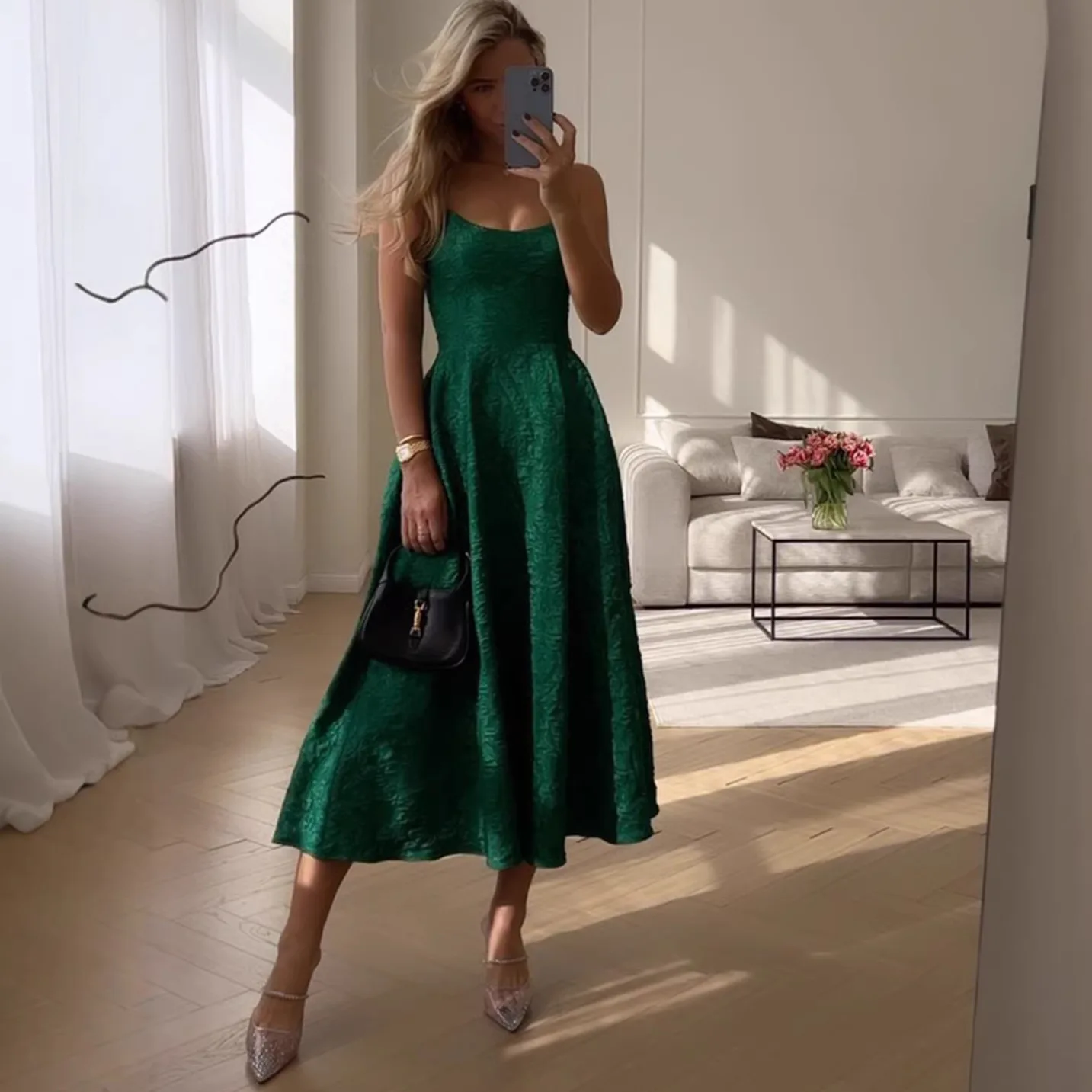 Crinkle Summer French Green Camisole Long Dress A Elegant Waistband Fresh Knit Dresses