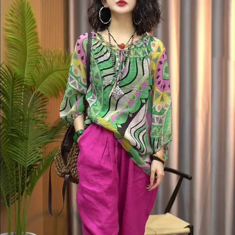 2024 New Spring and Autumn Retro Ethnic Style Fashion Loose Round Neck Three Quarter Printed Folds Top Pocket Harem Women\'s Suit