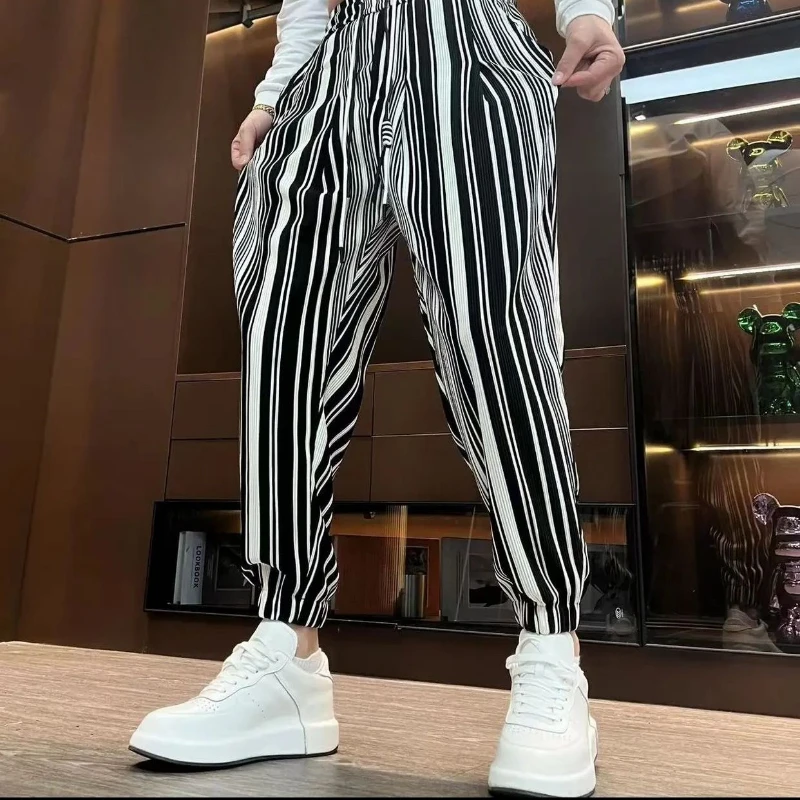 Autumn Winter New Fashion Elastic Waist Drawstring Striped Men's Clothing Casual Bound Feet Pockets Korean All-match Haren Pants