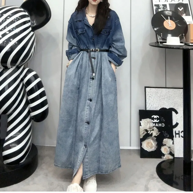 

2024 New Spring Autumn Women's Fashion Vintage Turn-down Collar Button Pockets Casual Long Sleeve Tie Dyed Gradient Denim Dress