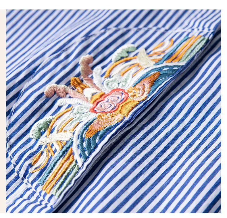National Style Embroidered Striped Long-sleeved Shirt 2025 Spring and Autumn All-match Professional Shirts Versatile for Women