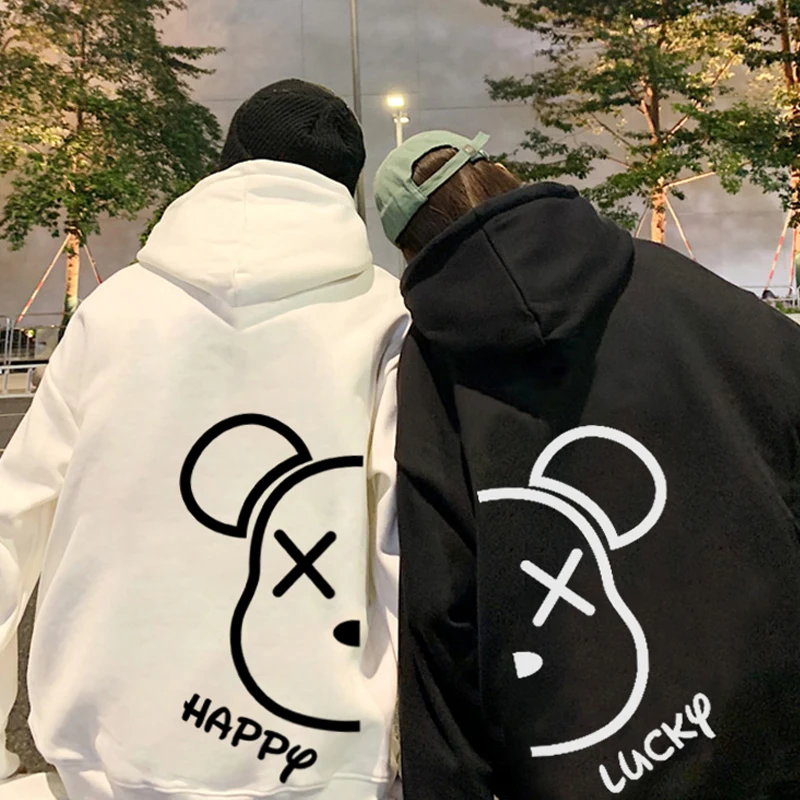 Cartoon Bear Puzzle Graphic Print Loose Couple Hooded Hoodies 600g Cotton Spring Autumn Long Sleeved Men Women Sweatshirt Top