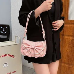 Trendy Pearl Bow Shoulder Bag Underarm Bag Daily Commuting Bag Casual Handbag Solid Business Women's Bag
