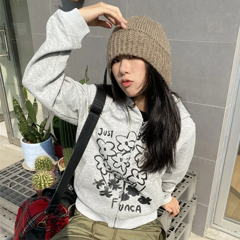 

American Retro Hand-Painted Small Floral Print Hooded Sweatshirt Cardigan Autumn Winter Zipper Casual Versatile Hoodie Jacket