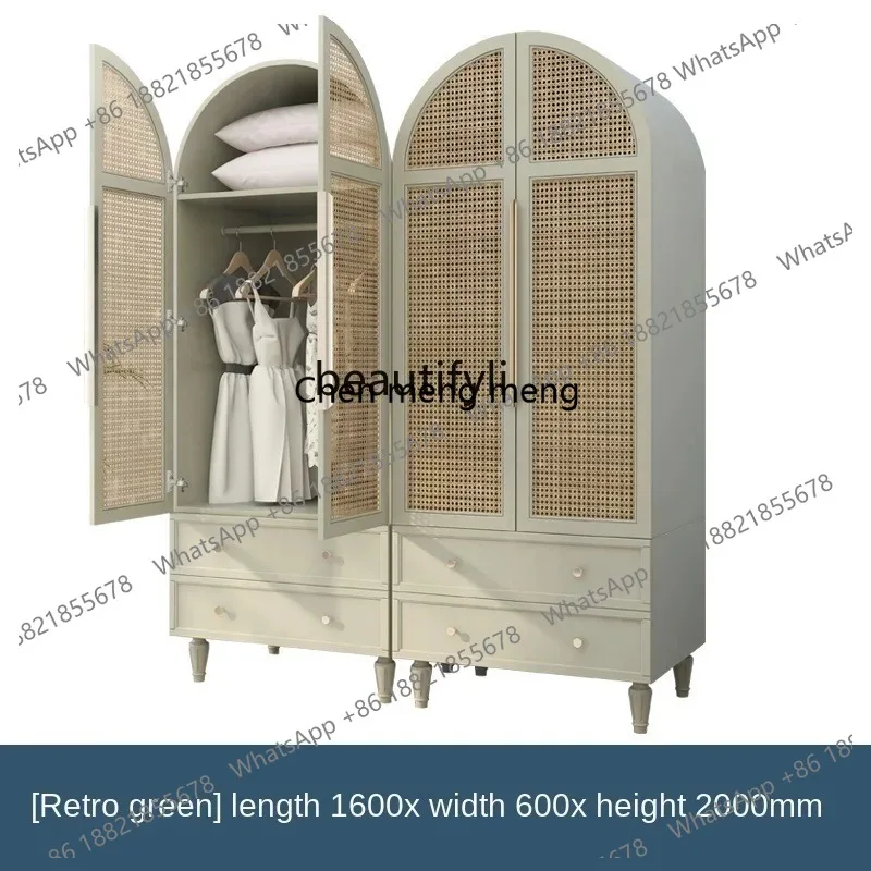 TT Self-Viewing Original Rattan Wardrobe Simple Solid Wood Bedroom Clothing Storage Cabinets Pastoral Style Double-Door Clo