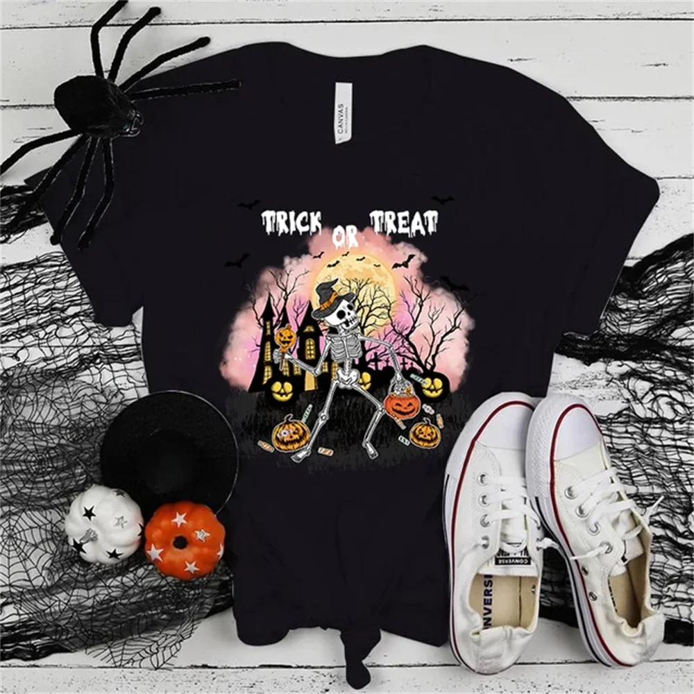 

Fashionable Cartoon Pattern Loose Summer T-Shirt Premium T-shirt Halloween Skeleton Trick Or Treat Print Short Sleeve T Shirts