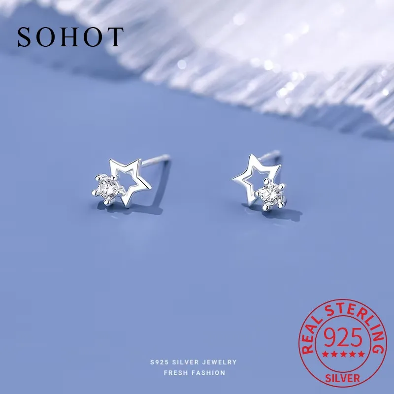 

Real 925 Sterling Silver Zircon Skeleton Star Mini Stud Earrings for Charm Women Geometric Fine Jewelry Cute Accessories