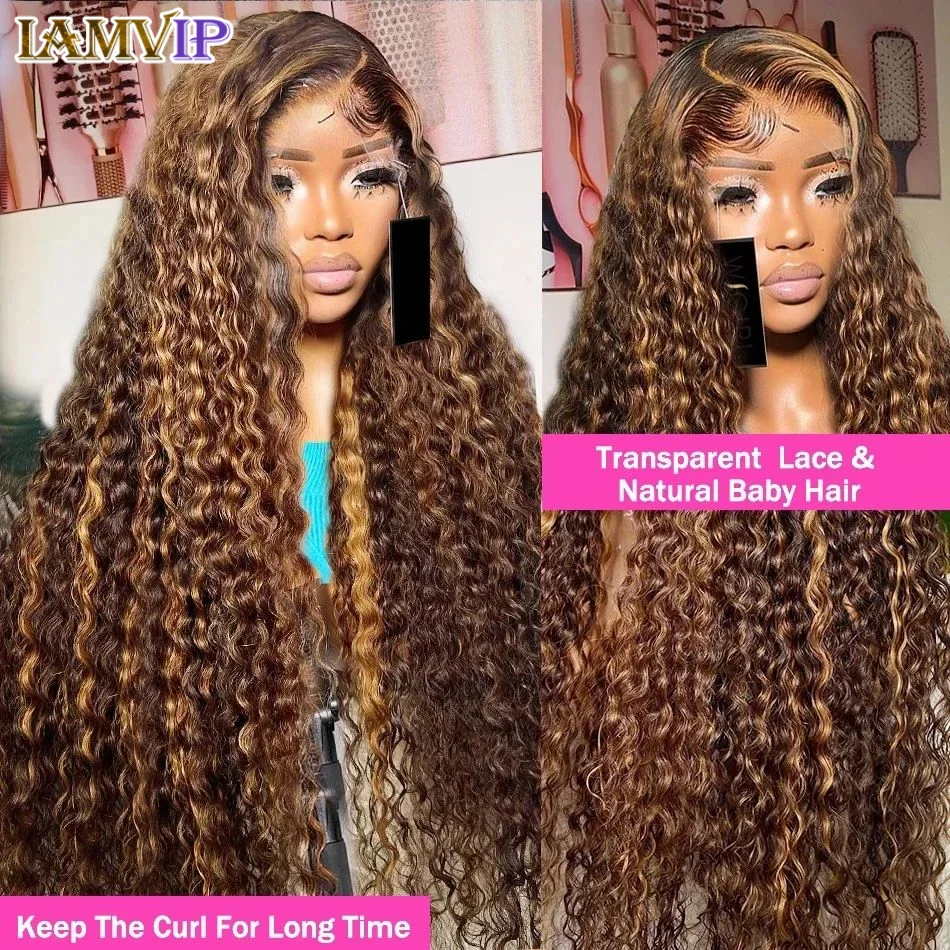 

30 36 Inch 250% Highlight 4/27 Kinky Curly Hd 13x4 13x6 Water Frontal Human Hair Wigs Ombre Water 4x4 Lace Closure Glueless Wear
