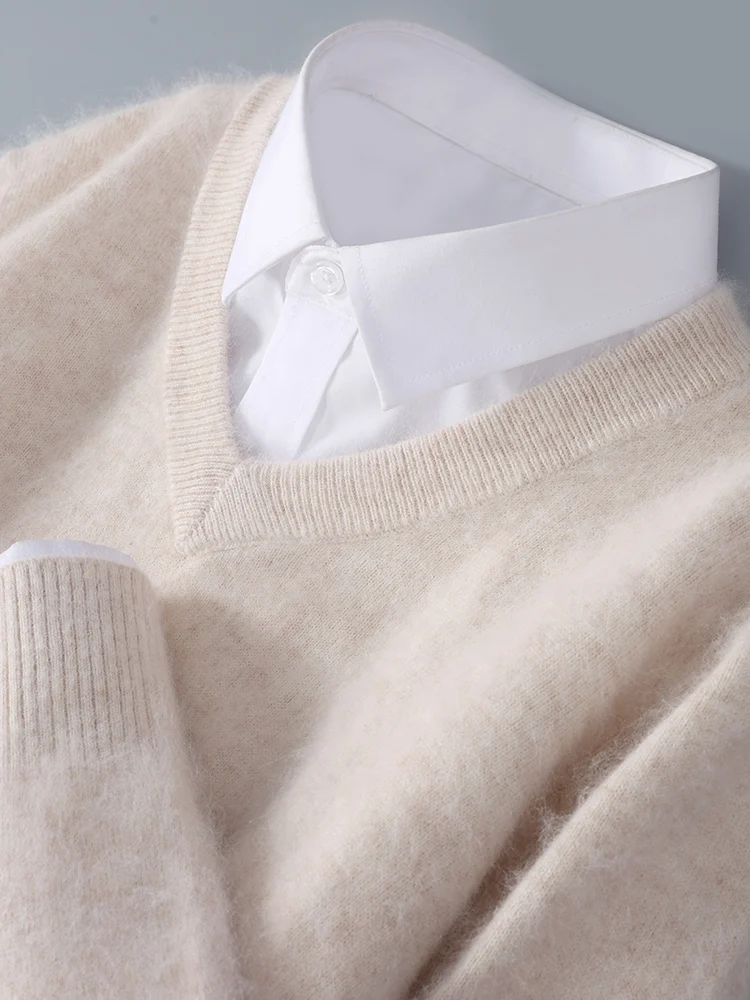 

Autumn Winter Men's Camere Sweater V-Ne Woolen Knit Pure Color Heart Collar High End Camere Knitted Base irt Busin...