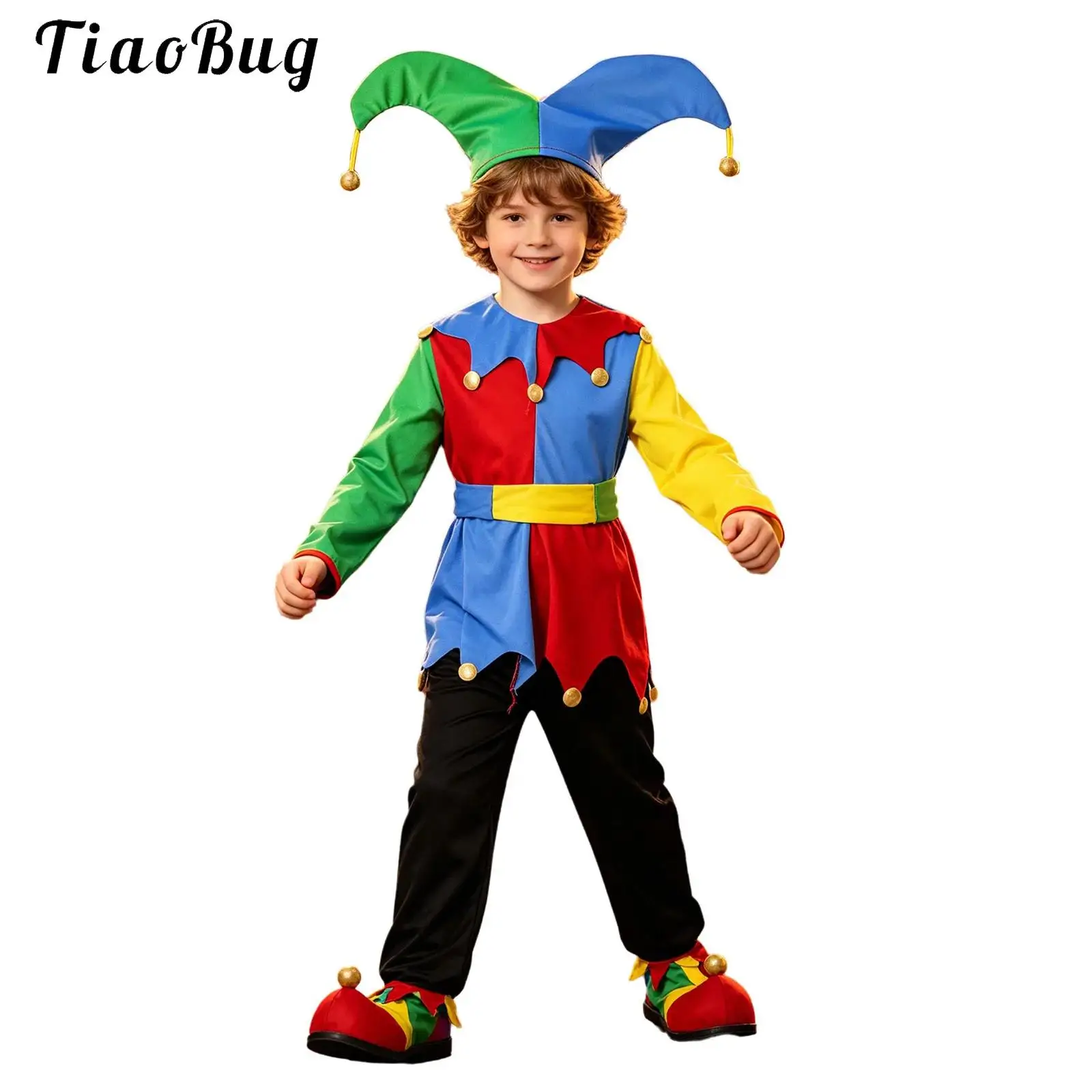Kids Girls Boys Circus Clown Costume Color Block Patchwork Dress Top with Hat Pants Set for Halloween Clown Fancy Party Dress Up