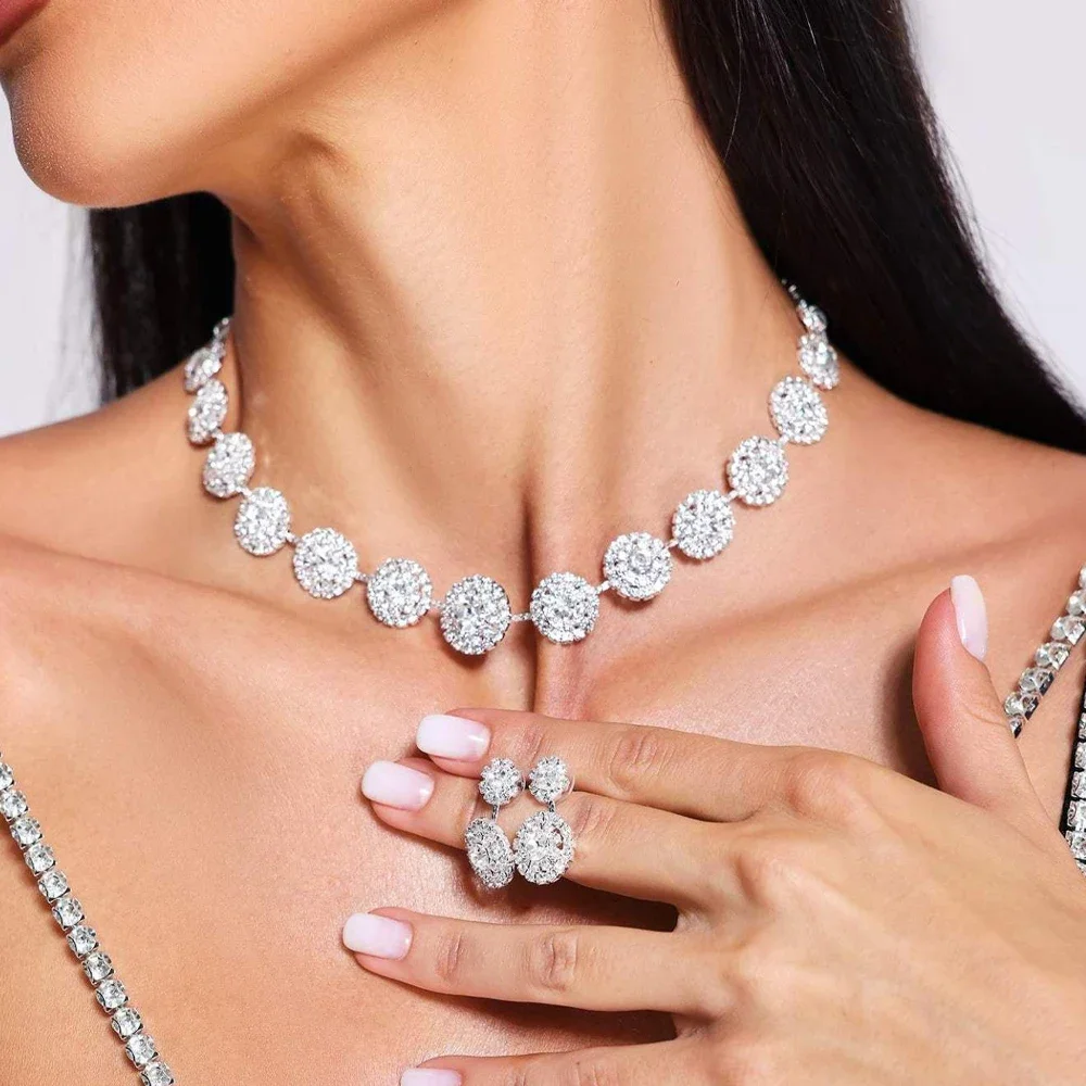 

Luxury Crystal Round Jewelry Set Queen Show Accessories Fashion Lady Wedding Necklace Earrings Set for Women Bridal Wedding Gift