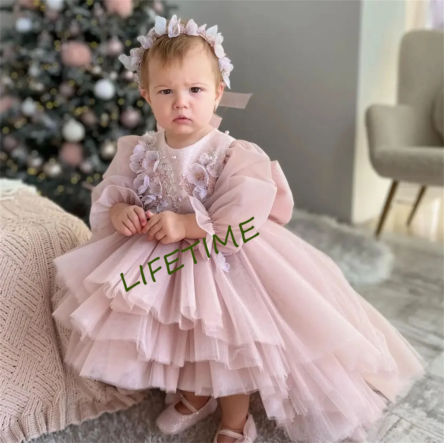 Cute Baby Girl Dress Puffy Flower Girl Dresses High-Low Long Sleeves Bow Princess Dress Frist Communion Dresses Birthday Girl