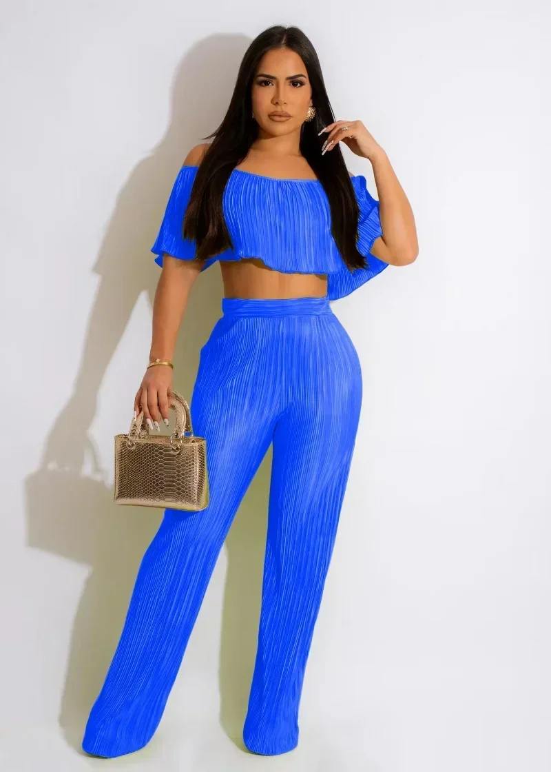 

GUWU Pleated Women's Set Butterfly Sleeve Crop Top and Straight Pants Suit Streetwear Two 2 Piece Set Outfit Tracksuit