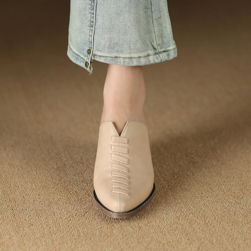 NEW Summer Women Mules Genuine Leather Shoes for Women Cover Toe Chunky Heel Slippers Cross-tied Pointed Toe Black Women Sandals