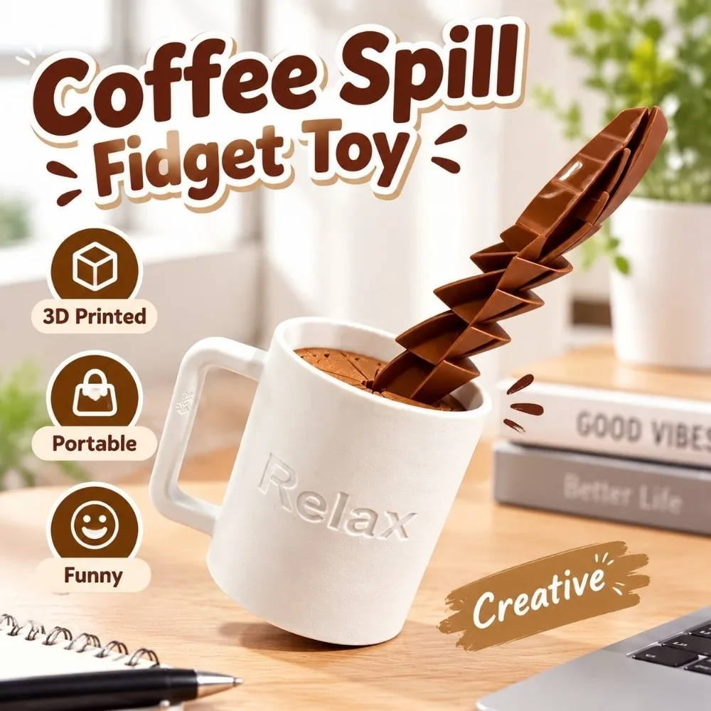 3D Printed Coffee Spill Fidget Portable Funny Gift Coffee Cup Decompression Creative Novelty Coffee Cup Retractable Office