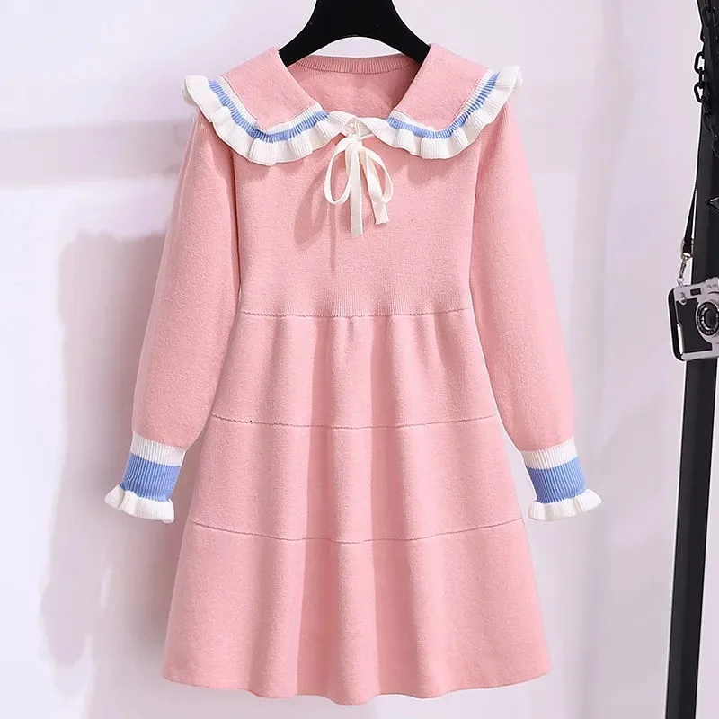 2024 Autumn winter Teenagers Girls Kids Knit Sweater Dresses Princess clothes JK sailor western bowtie 4 5 6 7 8 9 10 11 year