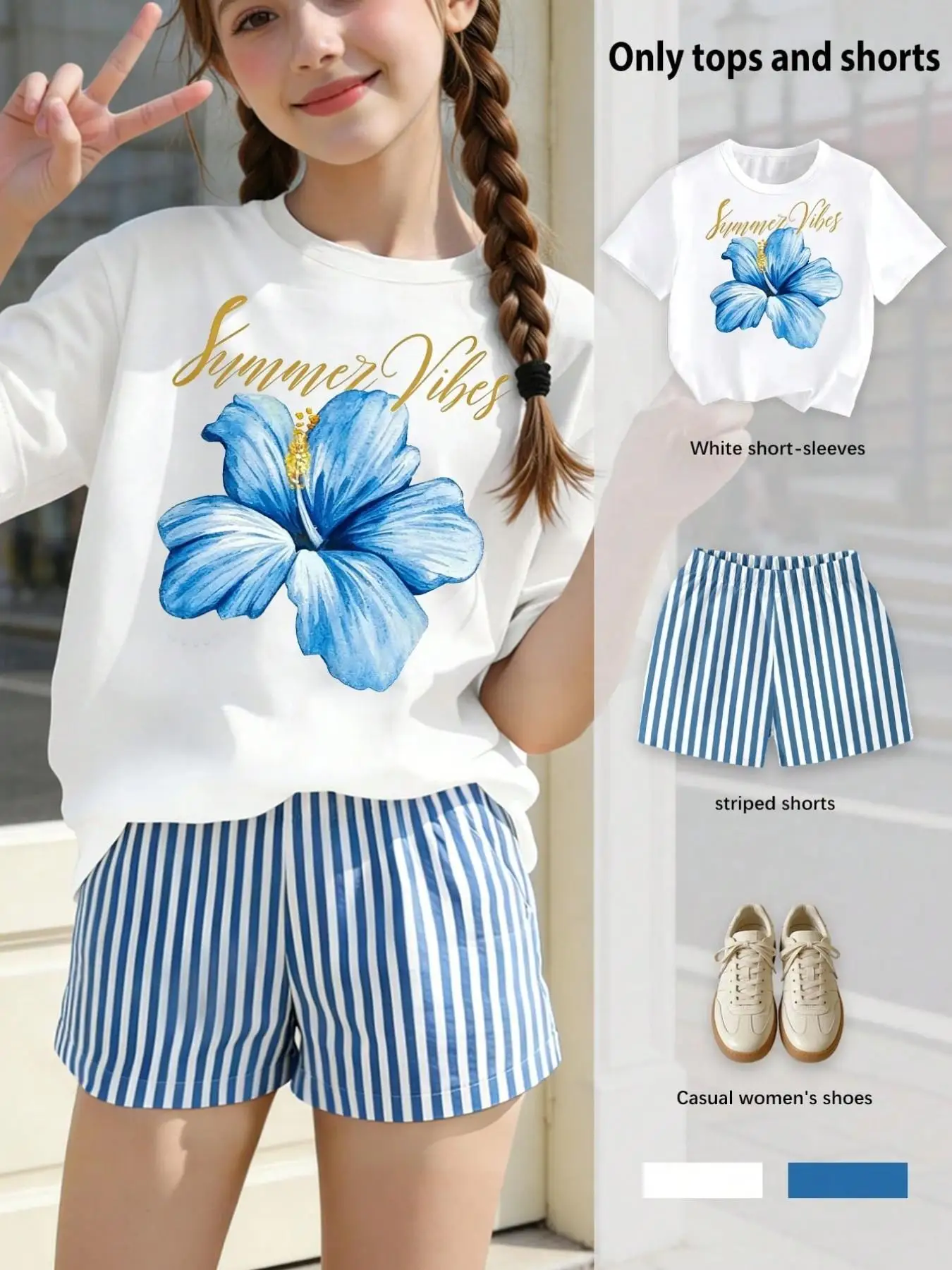 Girls' Summer Two-Piece Set with Printed Short Sleeves and Striped Shorts, Fresh Blue Floral Casual Home and Outdoor Versatile Children's Clothing, Suitable for Girls Aged 4-12
