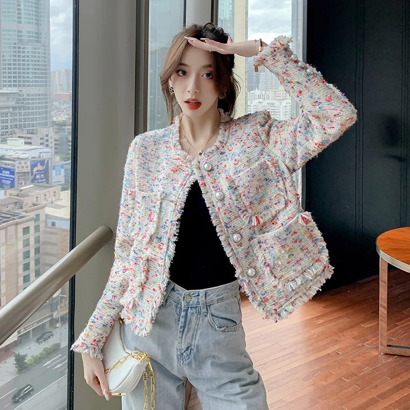 

Fragrant Coat Women's 2022 Autumn Winter New Rainbow Color Tweed Fringed Coat Ladies Sweet Short Wool Jacket