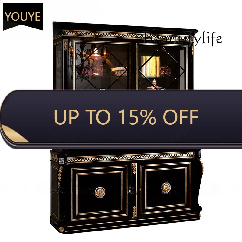 

European Solid Wood Carved Double Door Glass Wine Cabinet Display Cabinet Large Apartment Villa Dining Room Furniture X