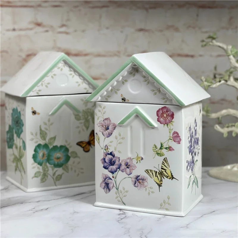 Lenox borboleta prado cerâmica borboleta e flor pote de doces tanque de armazenamento de estilo europeu para decoração de mobiliário doméstico