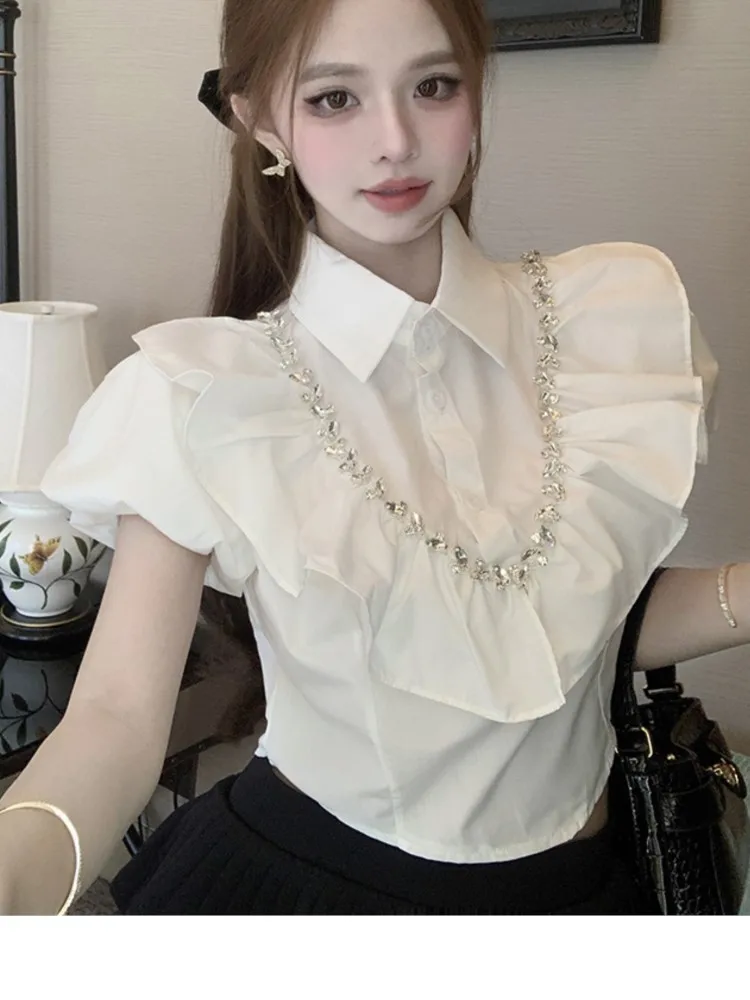 legant Female Sexy Club Top Casual White Pleated Blouse Women Puff Sleeve Shirts Ladies Beading Luxury Mujer Blusas