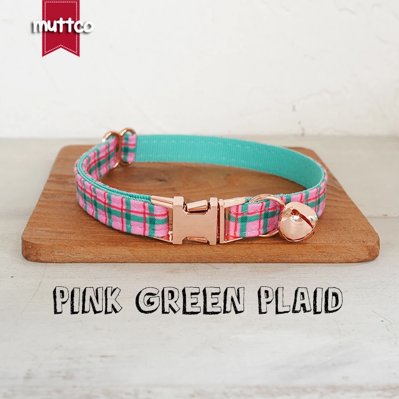 MUTTCO Retailing cute and beautiful self-design personalized cat collars PINK GREEN PLAID handmade collar  2 sizes UCC148