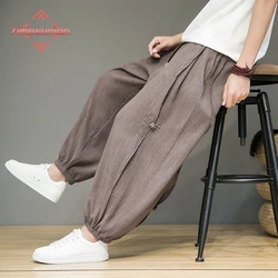Thin Men's Summer Harem Pants Disc Buckle Ice Silk Breathable Loose Straight Leg Pants 5XL Elastic Waist Black Trousers