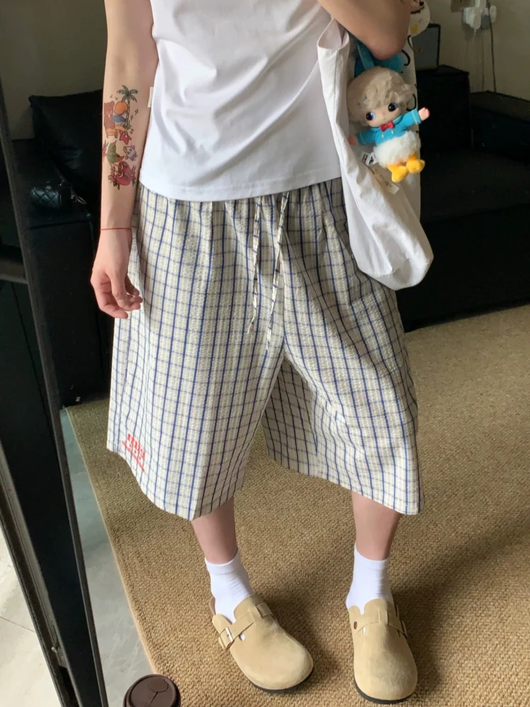 

Ретро американская вышивка Qui Dry Color Blo Plaid с эластичной резинкой на талии для мужчин и женщин, летние домашние тонкие широкие брюки на семь футов