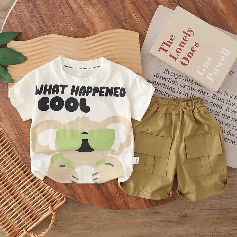 Summer Toddler Boys 2Pcs Outfit Cute Print Short Sleeve Cotton T Shirt Elastic Waist Multi Pocket Cargo Casual Shorts Kids Cartoon Clothing Set For1-5 Years Old Boys Daily Outdoor Kindergarten Holiday Playwear