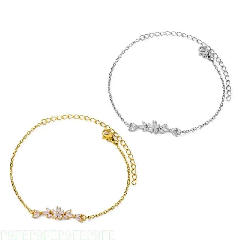 

P9FE Stylish Gold Tone Bracelet with Zirconia Accent and Flower Leaf for Ladies
