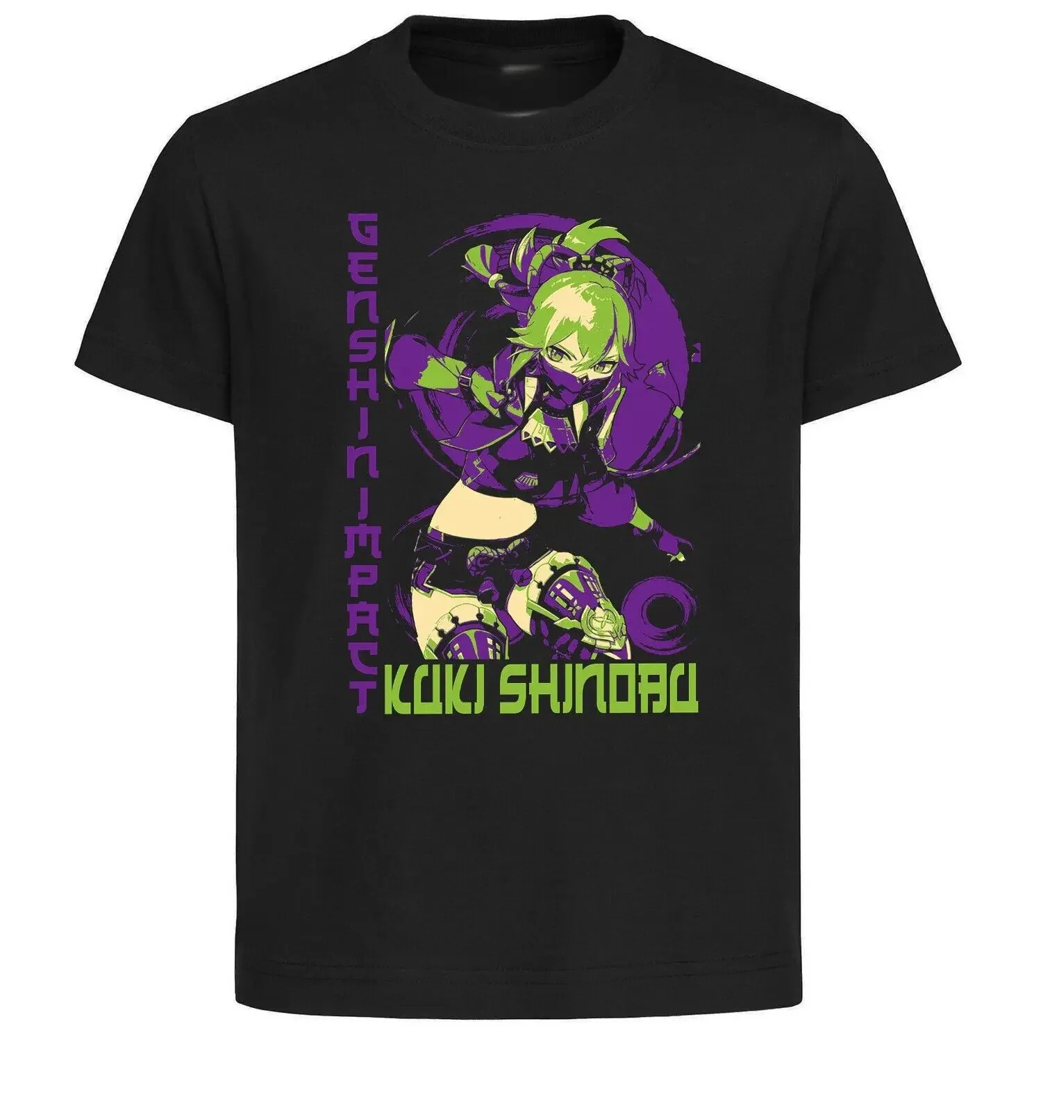 Unisex Black Japanese Style T-Shirt - Genshin Impact - Kuki Shinobu-