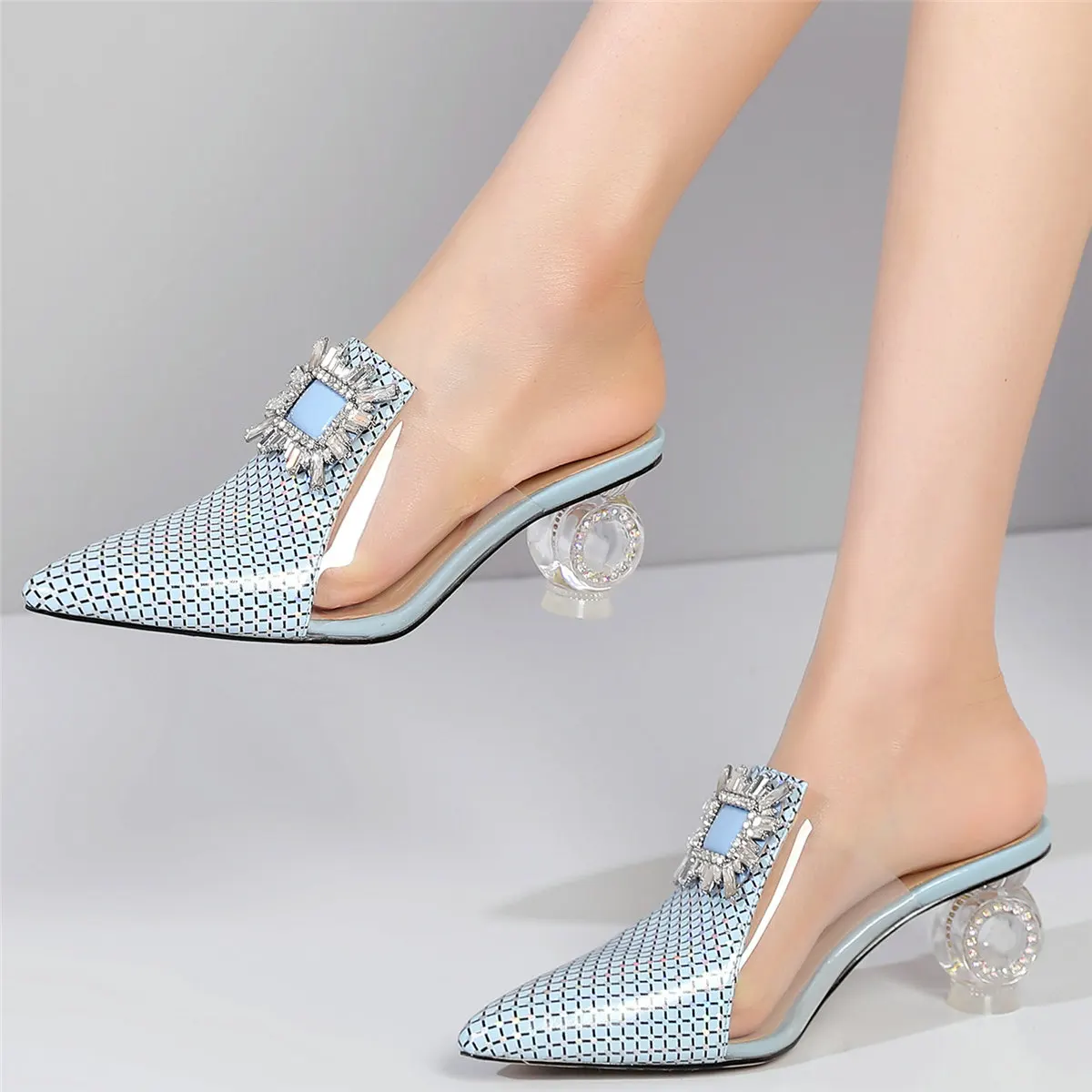 

Summer Wedding Party Mules Women Genuine Leather High Heel Gladiator Sandals Female Slip On Pointed Toe Pumps Shoes Casual Shoes