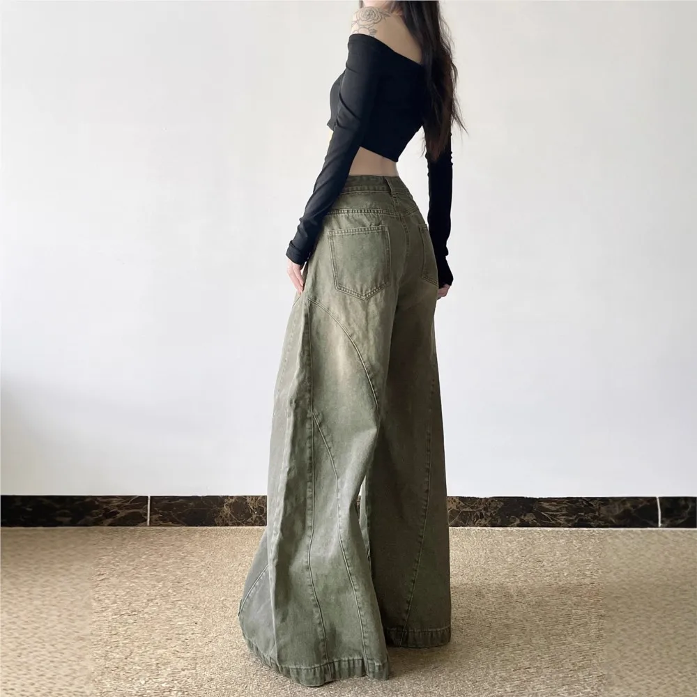 American Women's Clothing High Waist Flared Denim Trousers Retro Solid Color Loose Simple Street Style All-match Casual Trendy