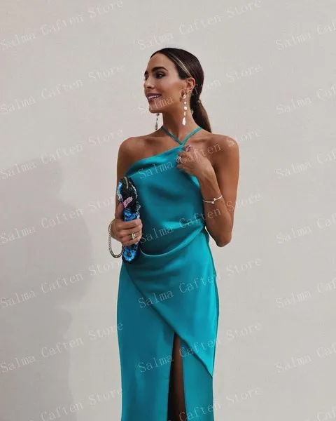 Halter Navy Blue Evening Dresses For Women Ankle Length Long Dress Sexy Satin Dress Sleeveless Open Back Women Clothing