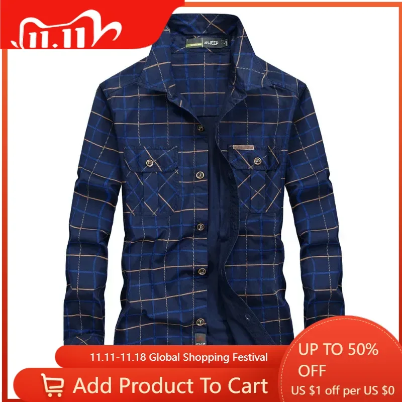 New Spring Men Multi pockets Military Outdoor Tooling Shirts Male Plaid Casual Shirts Quality Man Cotton Long-sleeved Shirts 3XL