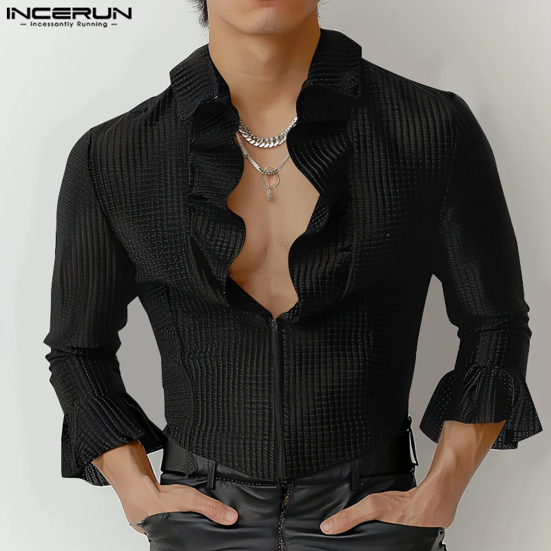 INCERUN Tops 2024 American Style Men\'s Ruffle Neck Texture Design Shirt Fashion Personality Male Solid Long Sleeved Blouse S-5XL