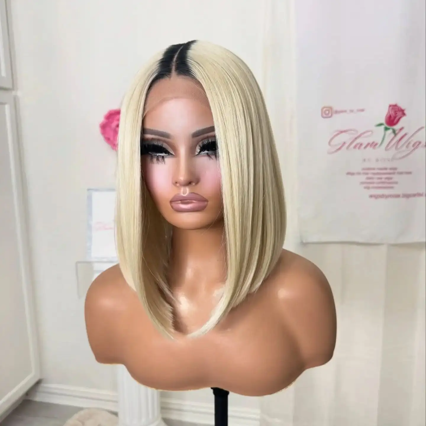 

12 Inches Glueless Wig Ombre Dark Ash Blonde Highlights Synthetic HD Lace Front Wig Blend Human Hair Preplucked Premium Fibre