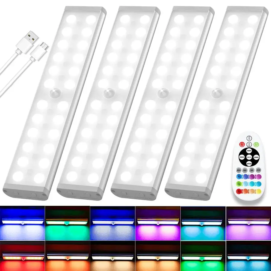 

Беспроводная подсветка под шкаф, RGB, перезаряжаемая, с датчиком движения, ночник для помещений, 58 светодиодов, с пультом ДУ, для установки под столешницу