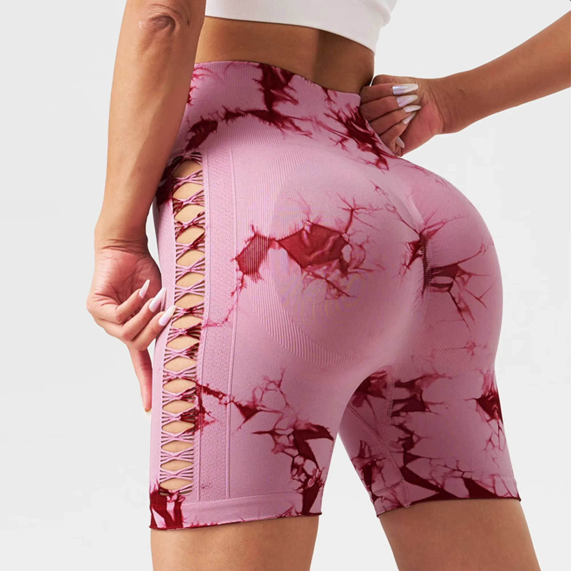 Short d'entraînement sans couture pour femmes, taille haute, teinture par nouage, Sport, Yoga, été, respirant, ajouré, élastique, pantalon de levage des hanches, 2025