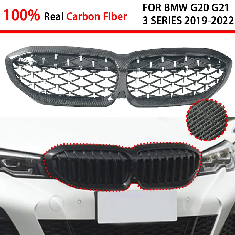 Customized  ront Bumper Hood Kidney Grille Real Carbon Fiber Dual Line Sport Racing Grill for BMW 3 Series G20 Sedan G21