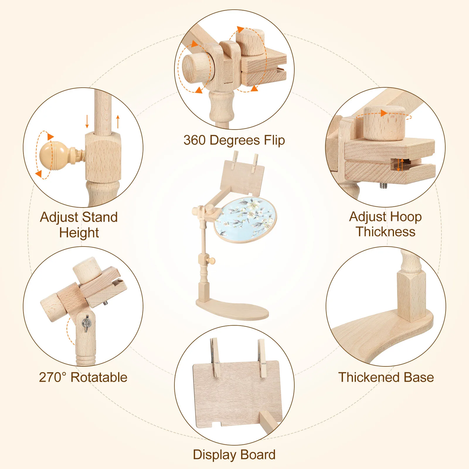 360 Degree Rotation Adjustable Wooden Embroidery Hoop Stand Sitting Cross Stitch Rack Hands-Free Holder for Sewing Needlework