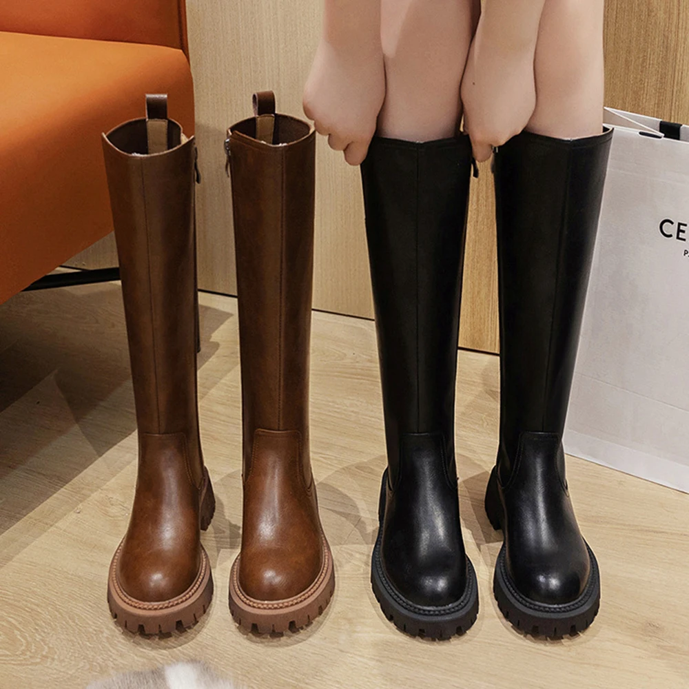 RIZABINA Women Knee High Boots Real Leather Round Toe Chunky Heel Platform Boots Autumn Winter Side Zipper Fashion Knight Boots