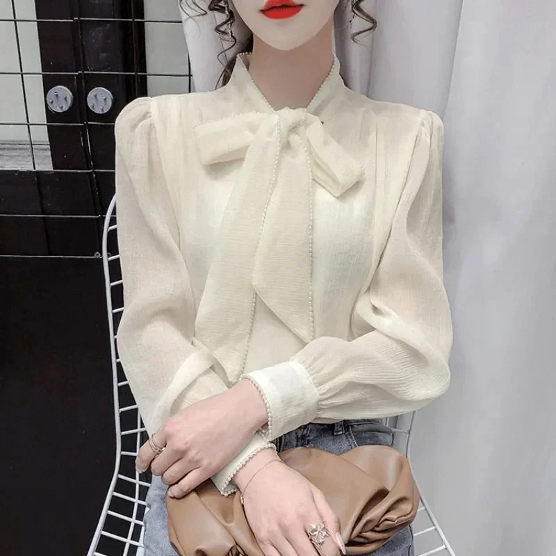 Women Chiffon Office Shirts Autumn Winter Bow Neck Korean Fashion Clothes Causal Camisas Elegant Long Sleeve Ladies Tops Blouses