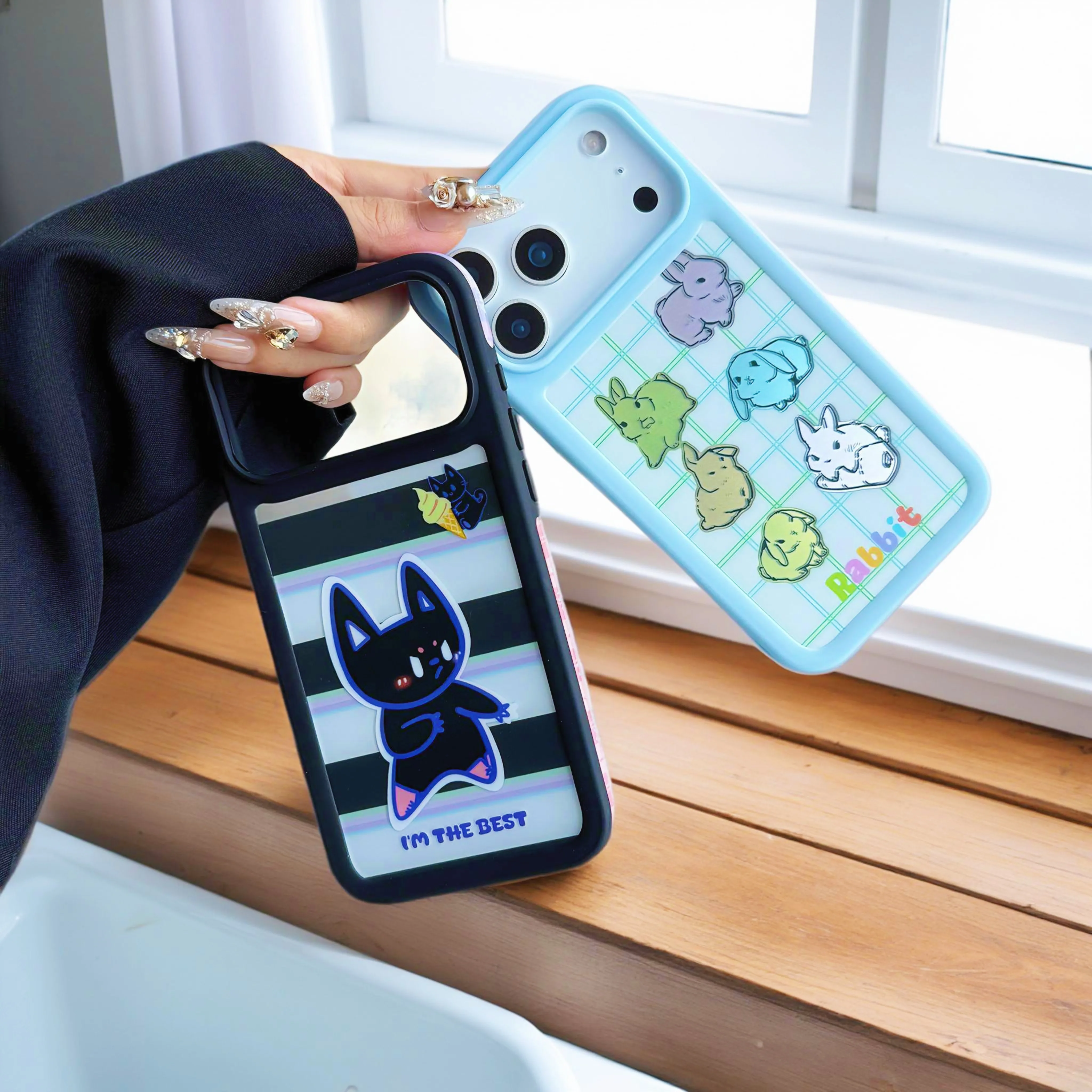 Cute Cartoon Animal Rabbit Border Protective Case for iPhone 17 Air 13 14 15 16 17 Pro Max Creative Color Dopamine Phone Case