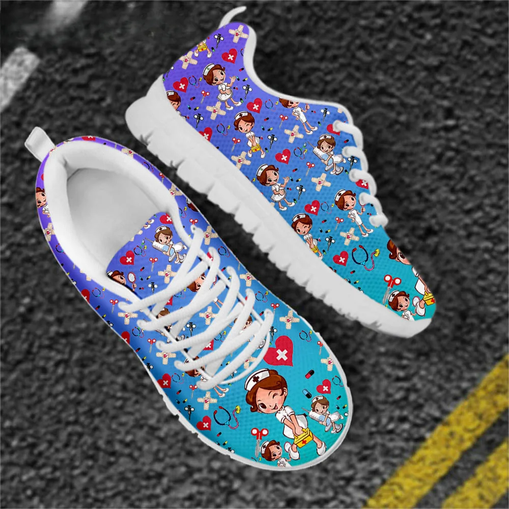 

Cartoon Nurse Sneakers Brand Gradient Design Nursing Shoes Flats for Womens Lace Up Mesh Footwear Zapatillas Mujer