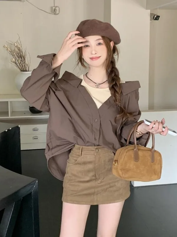 plus Size Casual Long Sve irt Women's Faionable Loose Top Autumn New Sle Commute Korean Loose Fit Button Detail