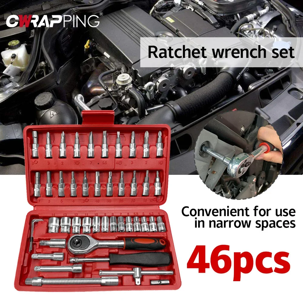 

46pcs Drive Socket Set 1/4 inch Ratchet Wrench Set with Sockets Metric Hex Bit Socket Set Mechanic Tool Kit for Car Repair Tool