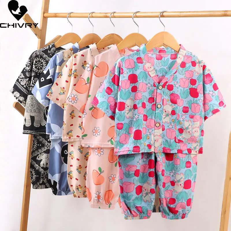 Kids Summer Thin Clothing Sets New Boys Girls Cartoon Short Sleeve V-neck Shirt Tops with Pants Baby Sleeping Pajamas Homewear